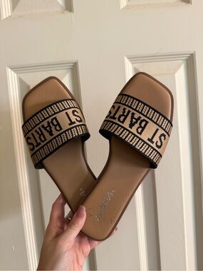 Soda Tan and Black St Barts Slide Sandals with Woven Logo Strap